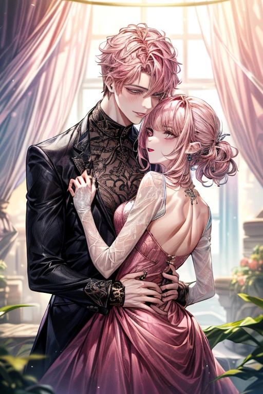 ((1 male：Piercing on one ear only,、Blonde、expensive、expensive、expensive、Handsome、refresh))、((1 Female：Pink Hair、length、short、Best Style、F Cup、Sheer dresses))、(((Couple、make out)))、