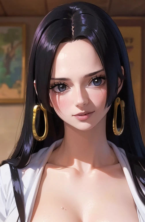 best quality, masterpiece, highly detailed,1girl, Boa Hancock, (masterpiece:1.5), Detailed Photo, Smiling, Sexy, (8K, Photorealistic, Best Quality: 1.4), (1girl), Beautiful Face, (anime realistic Face), (Black Hair, long Hair: 1.3), Beautiful Hairstyle, Realistic eyes, beautiful detail eyes, (realistic skin), beautiful skin, (sweater), absurd, attractive, ultra high resolution, ultra realistic, high definition, golden ratio, (sexually aroused:1.5), wear a white bra