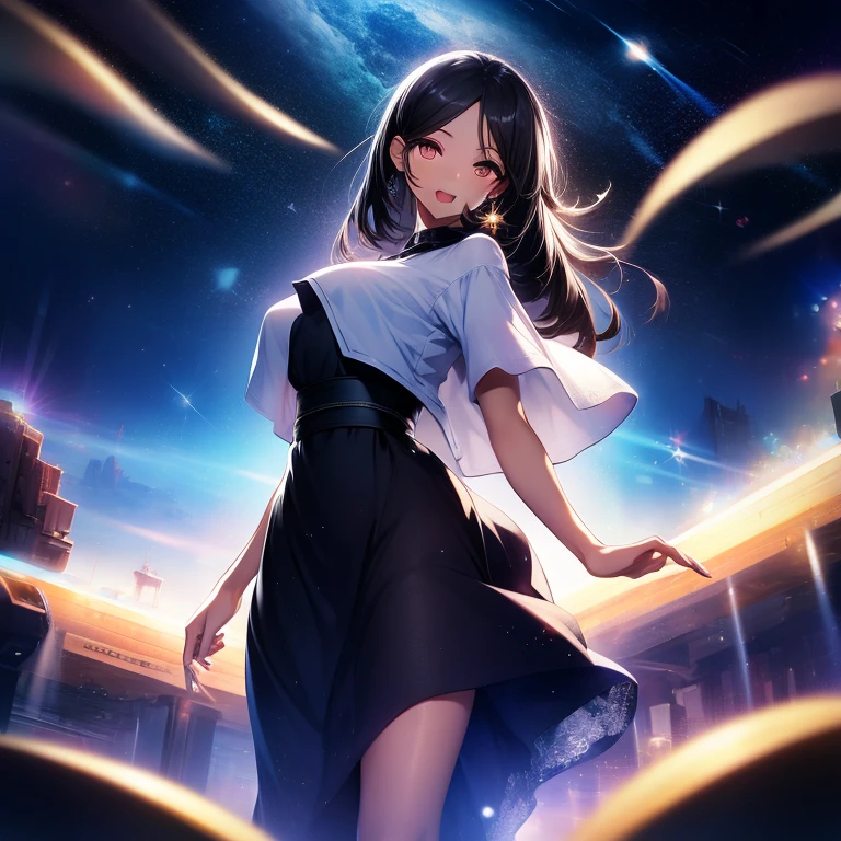 A beautiful Latin woman, her long black hair cascading down her shoulders, walks towards the moon with a short pre-wrinkled black dress that reveals no underwear. The scene is set against a vivid backdrop of shining stars, their twinkling lights illuminating the high-resolution, fotorrealista image. The upper part of her body is enlarged, showcasing her beautiful, brown skin and the detailed depiction of her limbs in motion as she walks. Her expression is one of pure awe, signaled by her wide-open mouth and bright eyes, which sparkle like the stars above. The white T-shirt she has on, billowing in the breeze, adds an all