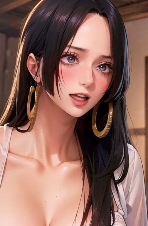 best quality, masterpiece, highly detailed,1girl, Boa Hancock, (masterpiece:1.5), Detailed Photo, Smiling, Sexy, (8K, Photorealistic, Best Quality: 1.4), (1girl), Beautiful Face, (anime realistic Face), (Black Hair, long Hair: 1.3), Beautiful Hairstyle, Realistic eyes, beautiful detail eyes, (realistic skin), beautiful skin, (sweater), absurd, attractive, ultra high resolution, ultra realistic, high definition, golden ratio, (sexually aroused:1.5), wear a white bra