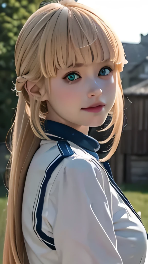 1girl, norn greyrat, blue eyes, pretty , smile, blondehair , white clothes, realistic clothes, detail clothes, village background,  blood splatter, depth of field, night, red light particles, light rays, sid e lighting ,Best Quality, High resolution, extremely detailed , 8K, Highly realistic, Ultra-realistic, photos realistic,
