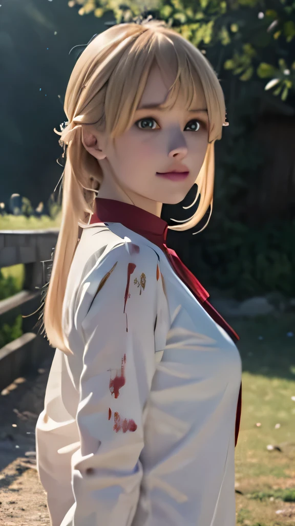 1girl, norn greyrat, green eyes, pretty , smile, blondehair , white clothes, realistic clothes, detail clothes, village background,  blood splatter, depth of field, night, red light particles, light rays, sid e lighting ,Best Quality, High resolution, extremely detailed , 8K, Highly realistic, Ultra-realistic, photos realistic,
