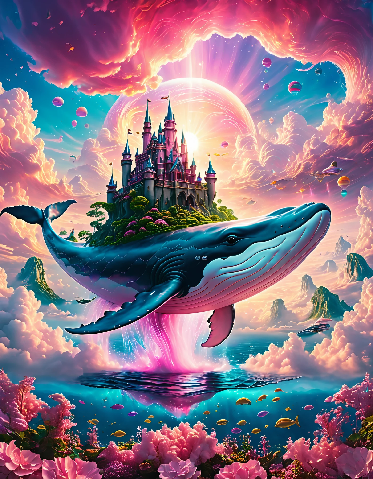 (a Dream Castle on the back of  a pink majestic whale) floating above the clouds of sky, dream castle, pink majestic whale,(best quality,4k,8k,highres,masterpiece:1.2),ultra-detailed, ethereal, dreamlike, surreal, with a touch of magic, vibrant colors, soft and delicate, blending seamlessly into the clouds, with a serene and tranquil expression, surrounded by a mystical aura, glowing softly, reflecting the sunlight, creating a breathtaking scene
