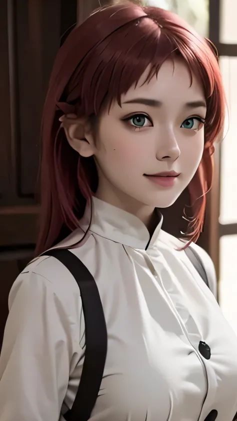 1girl, aisha greyrat, green eyes, pretty , smile, red hair , maid clothes, realistic clothes, detail clothes, beautiful detailed...