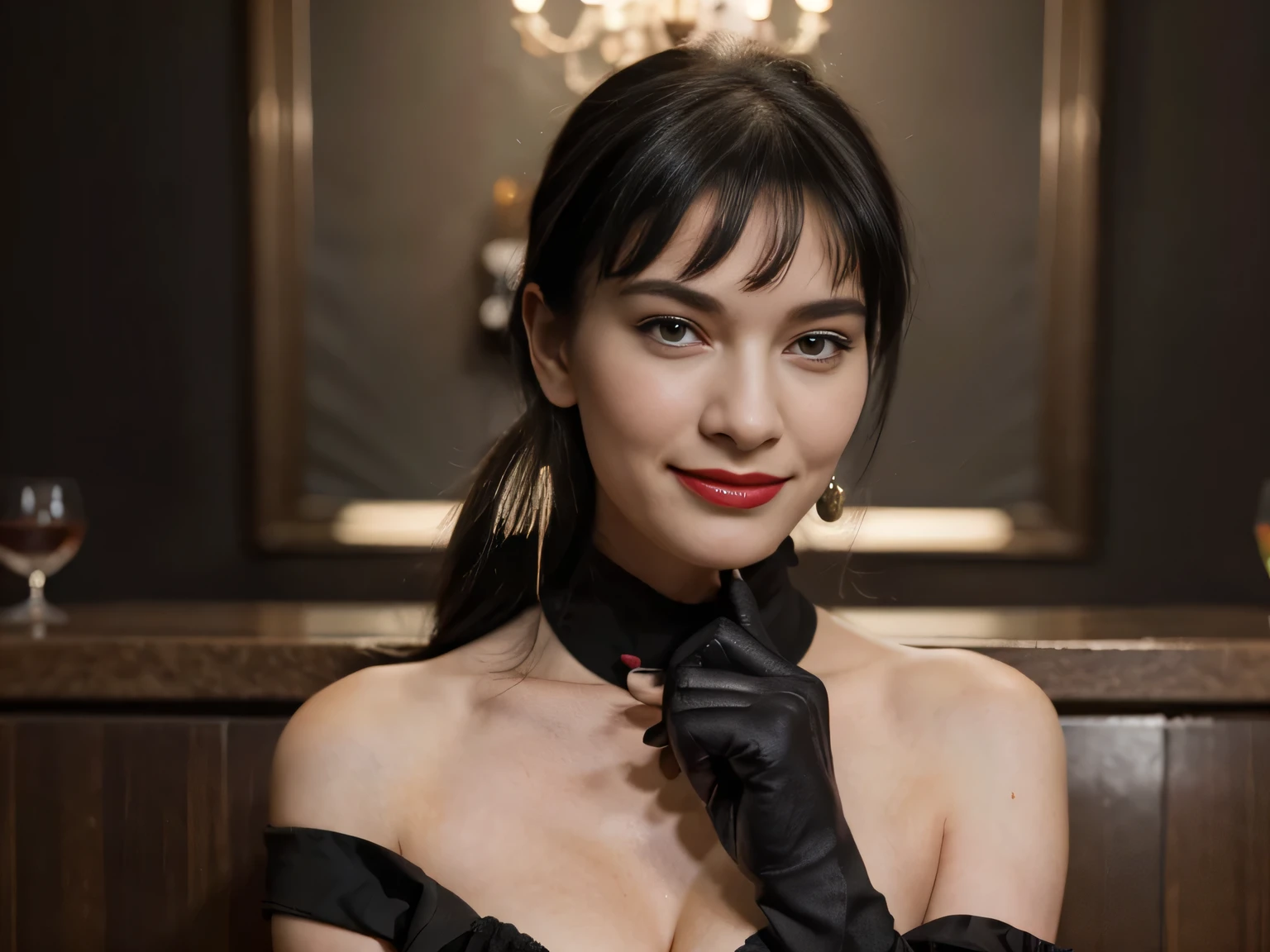 Magazine style photo of a smiling flirting with the camera Bettie page with black ponytail hair wearing a black 1900s off-the-shoulder ball dress and high black gloves inspired by Dior and Céline, red lipstick, direct lighting, at the grand hotel balloorm bar, holding from behind a gorgeous blonde woman,dark plain background, dynamic pose, beautiful body, 160 cm 50 kg, Soho, shot on Kodak Colorplus 200, film photography, f1.8 50mm lens