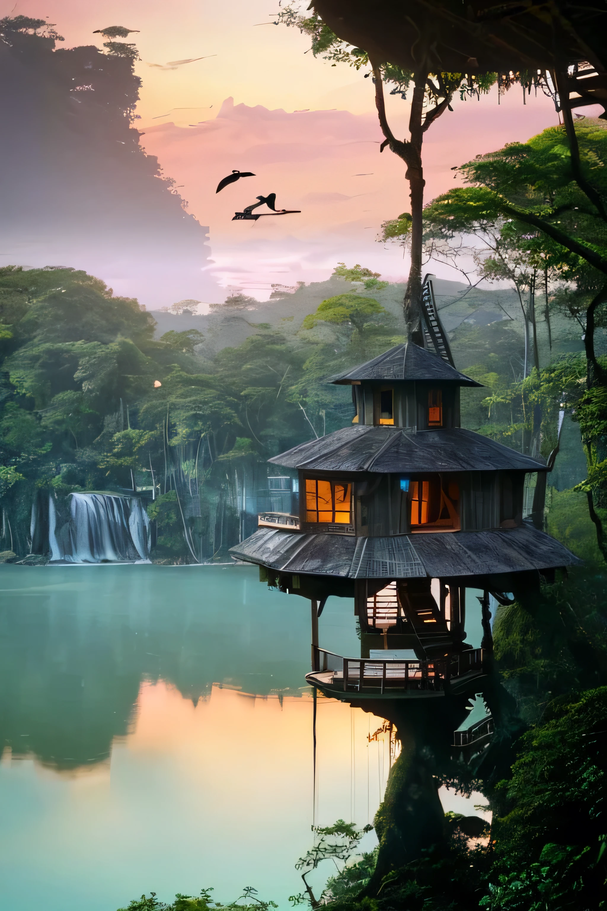 Perfection The Coolest Tree house on a large rock in the middle of the lake in the jungle with sunset, waterfall, bird flying, airroplan flying flowers in front of the house and trees on both sides of the house