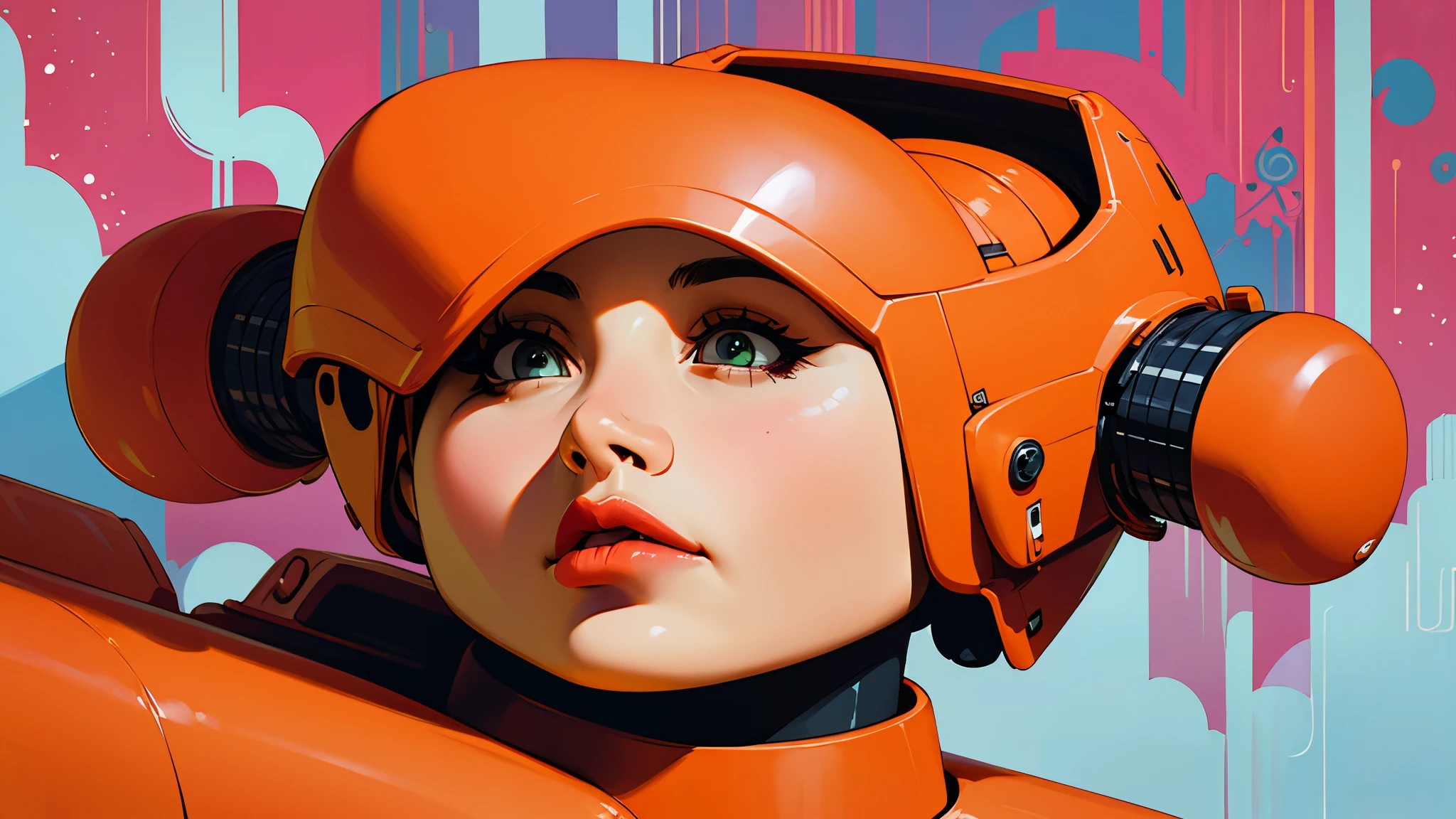 一个机器人的自画像，身体里有能量电路，戴着恐怖风格的机器人头盔, 基于《绿野仙踪》, 战斗机器人, 科技机器人, 超现实简约数字图像,