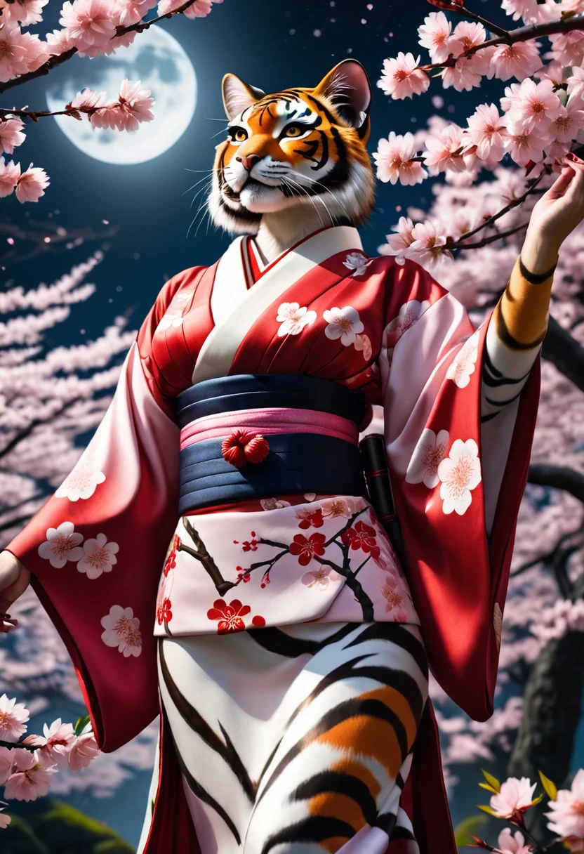 Tigresa antropomorfa vestida de geisha japonesa, vistiendo un kimono decorado, en un bosque de cerezos en flor, A la luz de la luna, Vista desde abajo mirando hacia arriba, Fotorrealista, fotografía de alta calidad, 