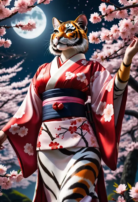 Anthropomorphic tigress dressed as a Japanese geisha, wearing a decorated kimono, in a cherry blossom forest, in the moonlight, ...