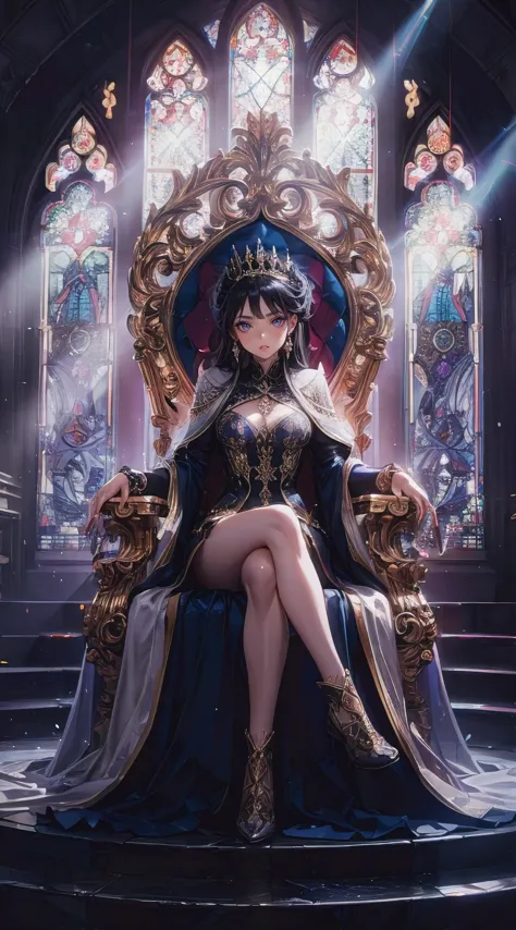 A masterfully crafted 3D render of an evil queen sitting on a grand, ornate throne in a dimly lit room. The queen, with her mesm...