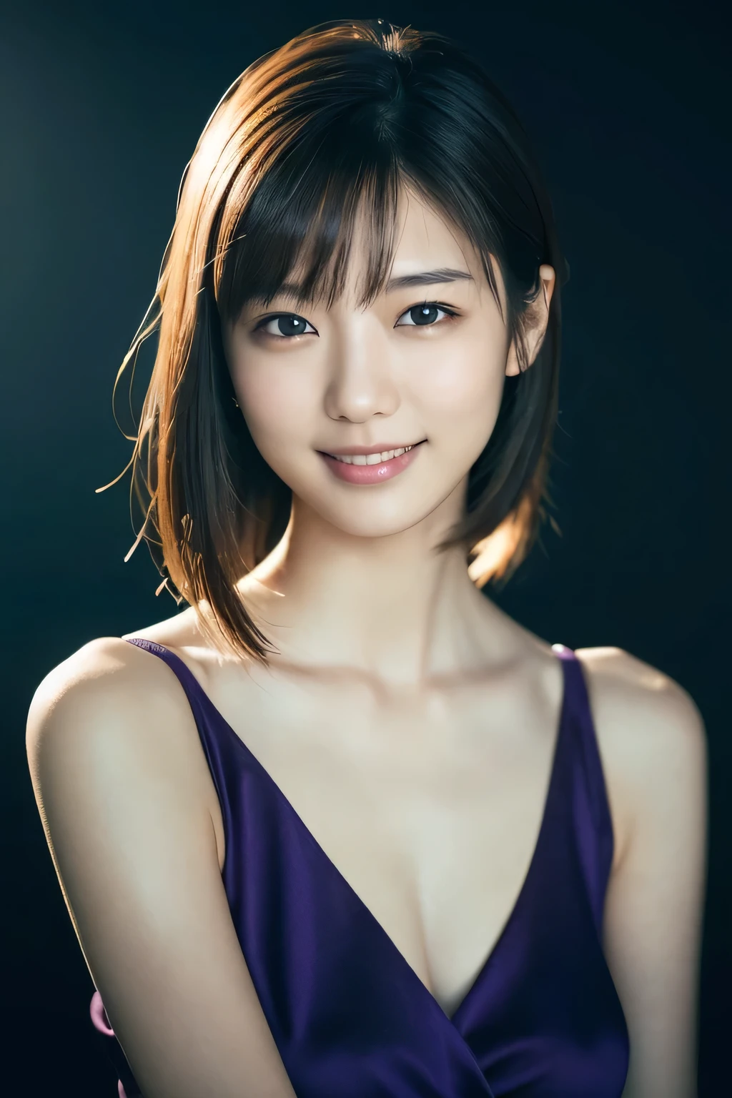 1 girl, (Wearing a deep purple outfit:1.2), Very beautiful Japanese idol portraits, 
(RAW Photos, highest quality), (Realistic, Realistic:1.4), (masterpiece), 
Very delicate and beautiful, Very detailed, 2k wallpaper, wonderful, finely, Very detailed CG Unity 8K wallpaper, Very detailed, High resolution, Soft Light, 
Beautiful detailed girl, Very detailed目と顔, Beautiful and sophisticated nose, Finely beautiful eyes, Cinema Lighting, 
(Simple light color background:1.3),
(Medium Hair), 
Complete Anatomy, Slender body, Small breasts, smile