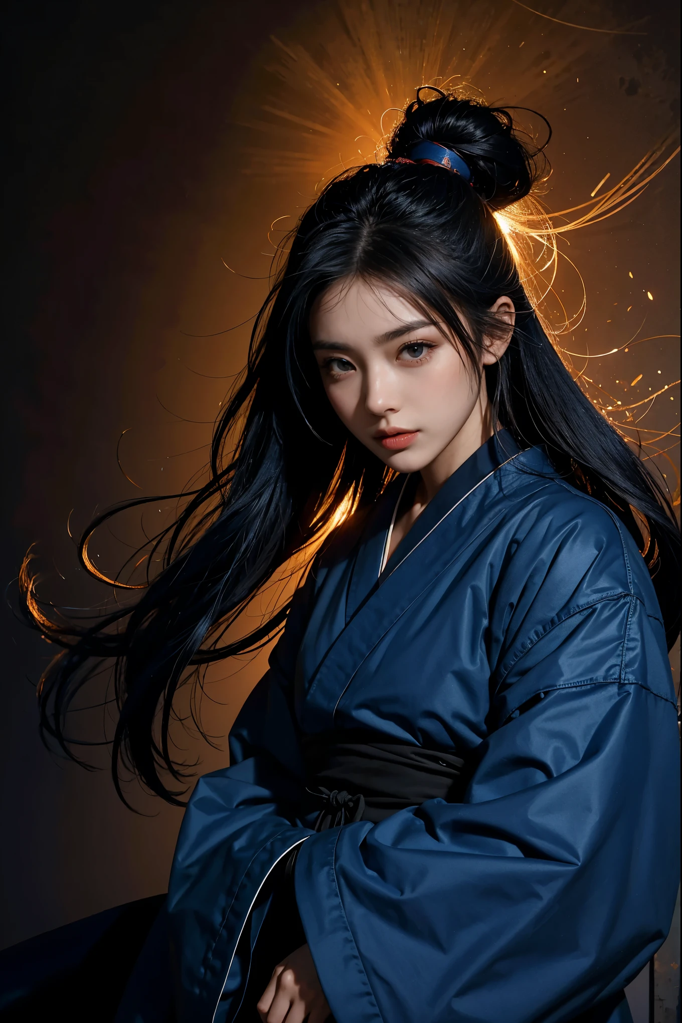 a Japanese ninja girl, long blue fire hair, high quality, high resolution, high precision, realism, color correction, proper lighting settings, harmonious composition