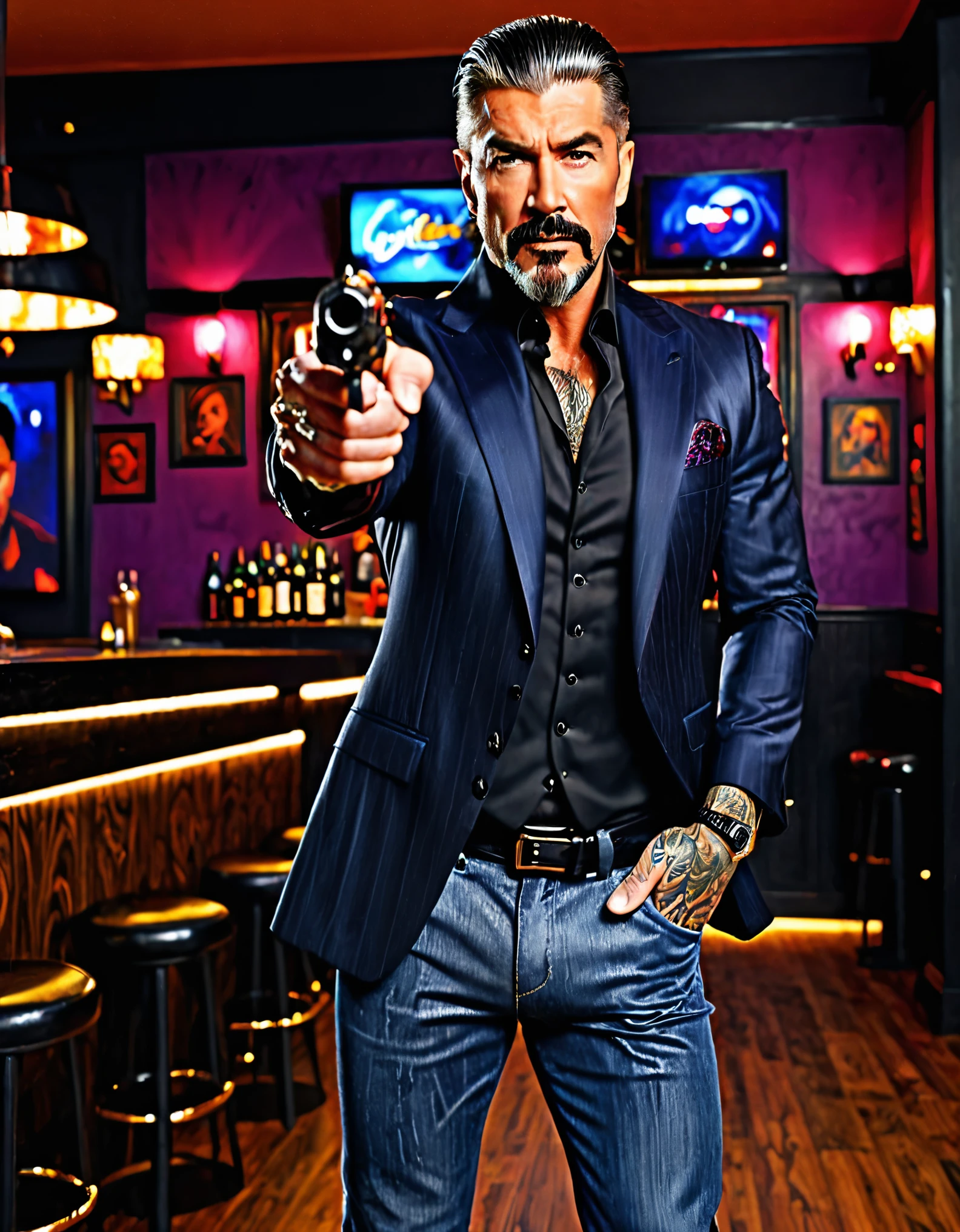 Extremely detailed, very realistic, very sharp, hyper realistic, best quality, masterpiece, 50 age, tall muscled, grizzled (stylish) hair, stubble, ((scars)), pants, evil, boots, concealed pistol holster, (((nightclub))), ((blazer)), ((tattoos)), goatee, black hair, pointing pistol at the viewer, Glock 17.