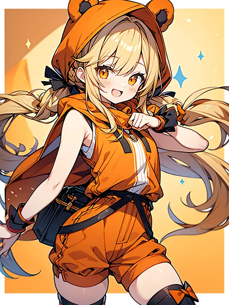 beautiful anime style,bear ears orange hood,
honey blonde braided twintails hair,orange sleeveless witch clothes,short pants,striped tights,laugh,