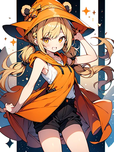 beautiful anime style,bear ears orange hood,
honey blonde braided twintails hair,orange sleeveless witch clothes,short pants,str...