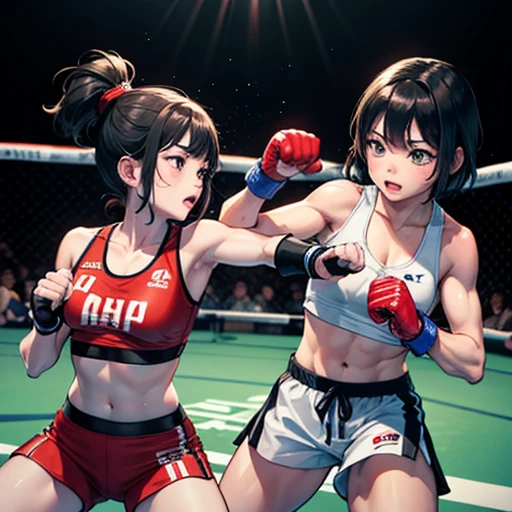 During a match in a mixed martial arts ring、A cute Japanese  is punching an opposing female athlete、Short black hair、I&#39;m in a hurry、Slender body、Shortness of breath with open mouth、Very sweaty and wet、Poor body、small bust sports bra、High leg shorts、Open Finger Gloves