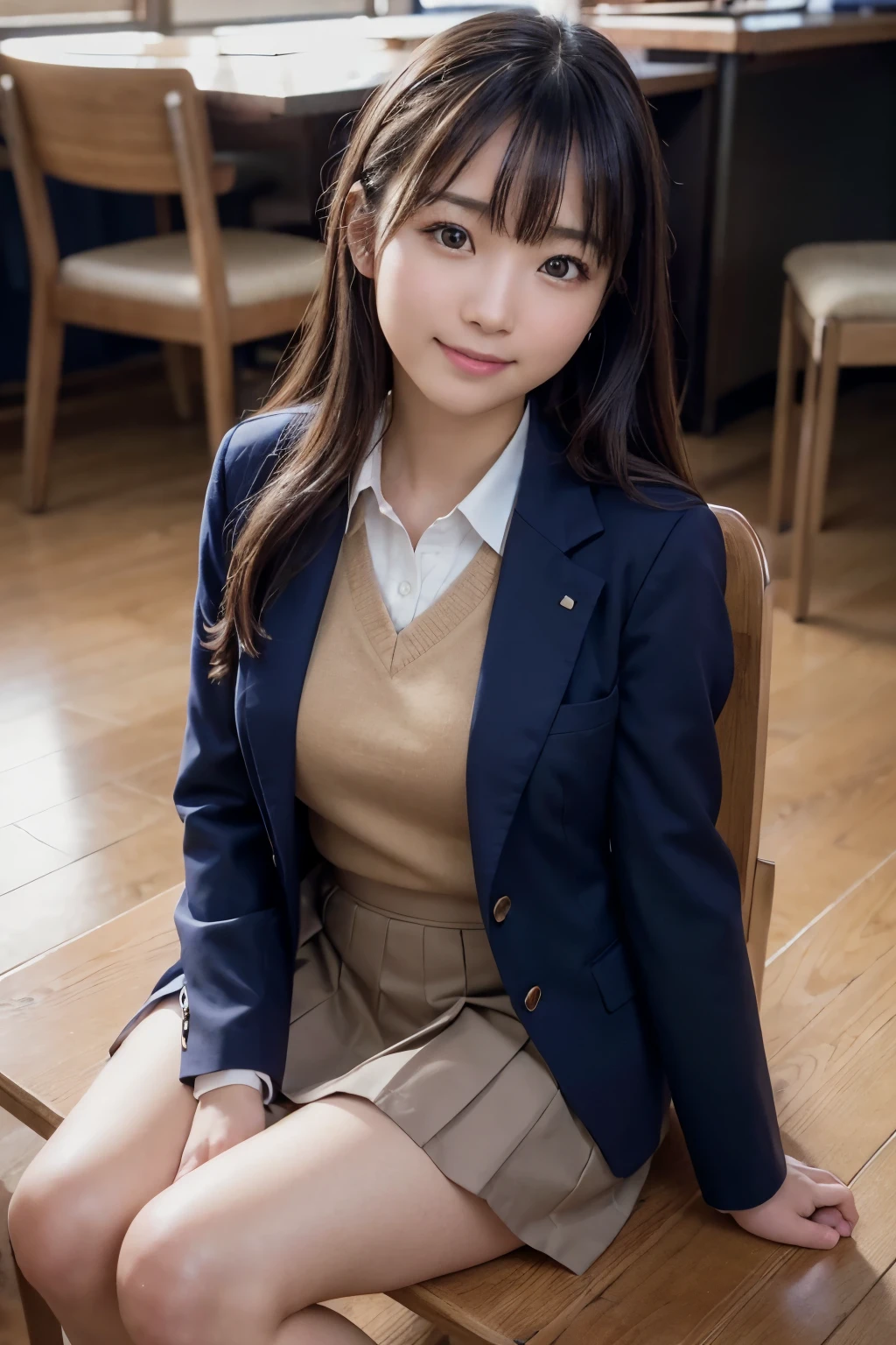 best quality, facial focus, soft light, (depth of field), ultra high res, (photorealistic: 1.4), RAW photo, (sideways) 1Japanese girl, solo, handsome, (shy, smile: 1.1), (brown eyes), detailed beautiful face, (long hair), (seated chair), (school uniform: 1.4, navy skirt, navy Blazer), pet shop,