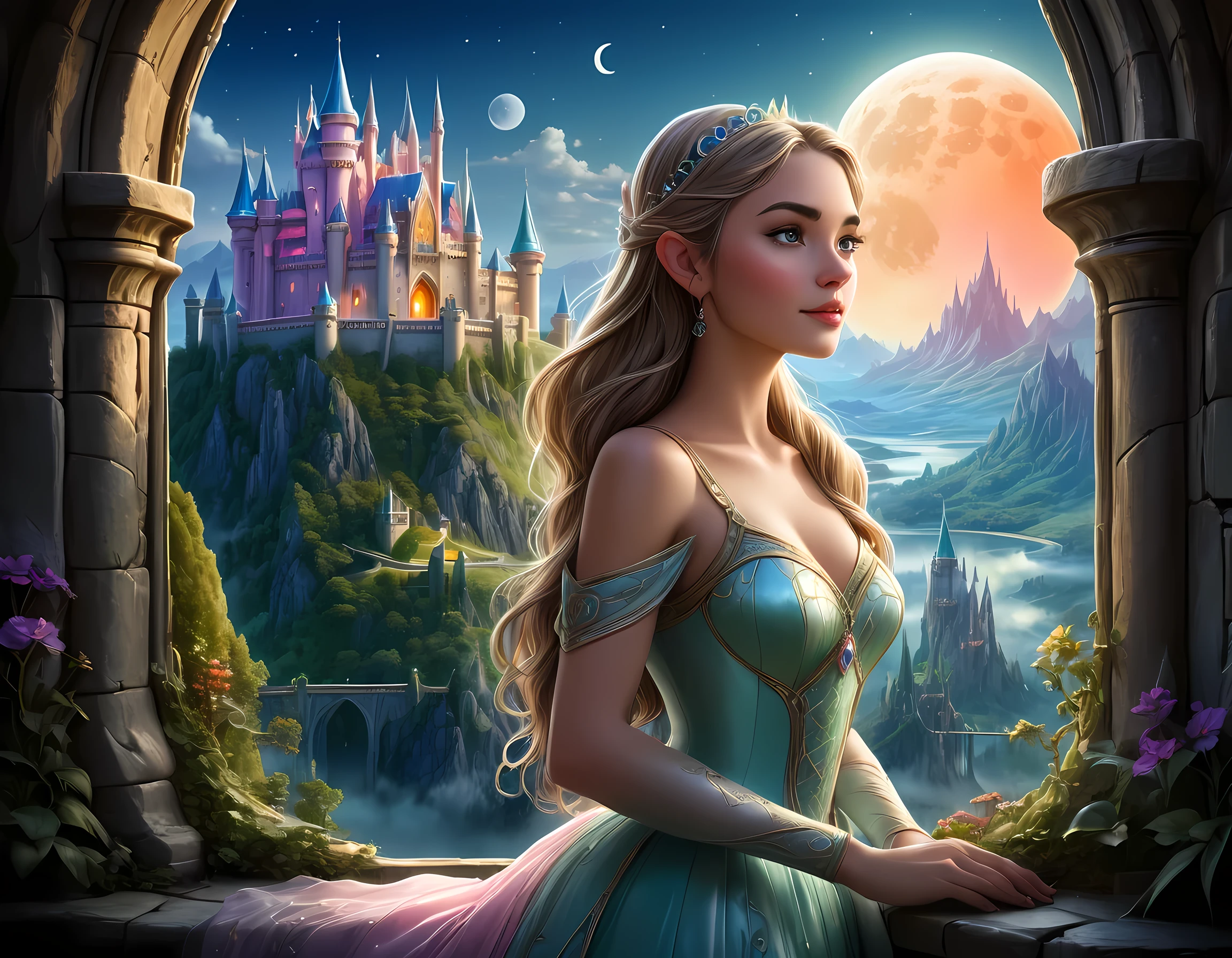 fantasy art, RPG art, a portrait picture of a (beautiful human princess: 1.2) looking through her window at a magical castle, a beautiful elven princess looking through her window to see a magical castle, an impressive best detailed castle, with towers, bridges, a moat, standing on top of a mountain, moon, colouredglazecd_xl, BJ_Full_Moon