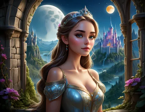 fantasy art, RPG art, a portrait picture of a (beautiful human princess: 1.2) looking through her window at a magical castle, a ...