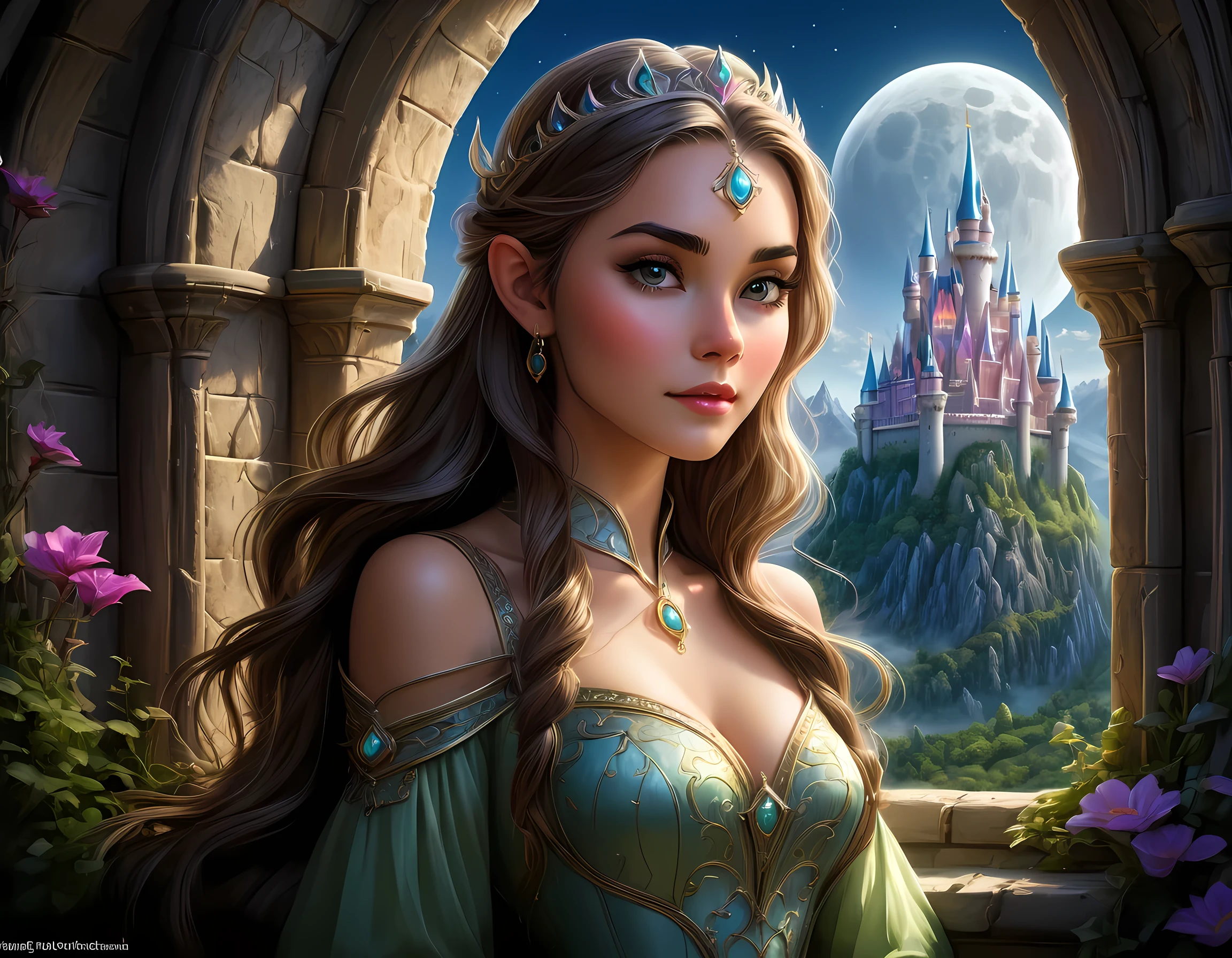 fantasy art, RPG art, a portrait picture of a (beautiful human princess: 1.2) looking through her window at a magical castle, a beautiful elven princess looking through her window to see a magical castle, an impressive best detailed castle, with towers, bridges, a moat, standing on top of a mountain, moon, colouredglazecd_xl, BJ_Full_Moon