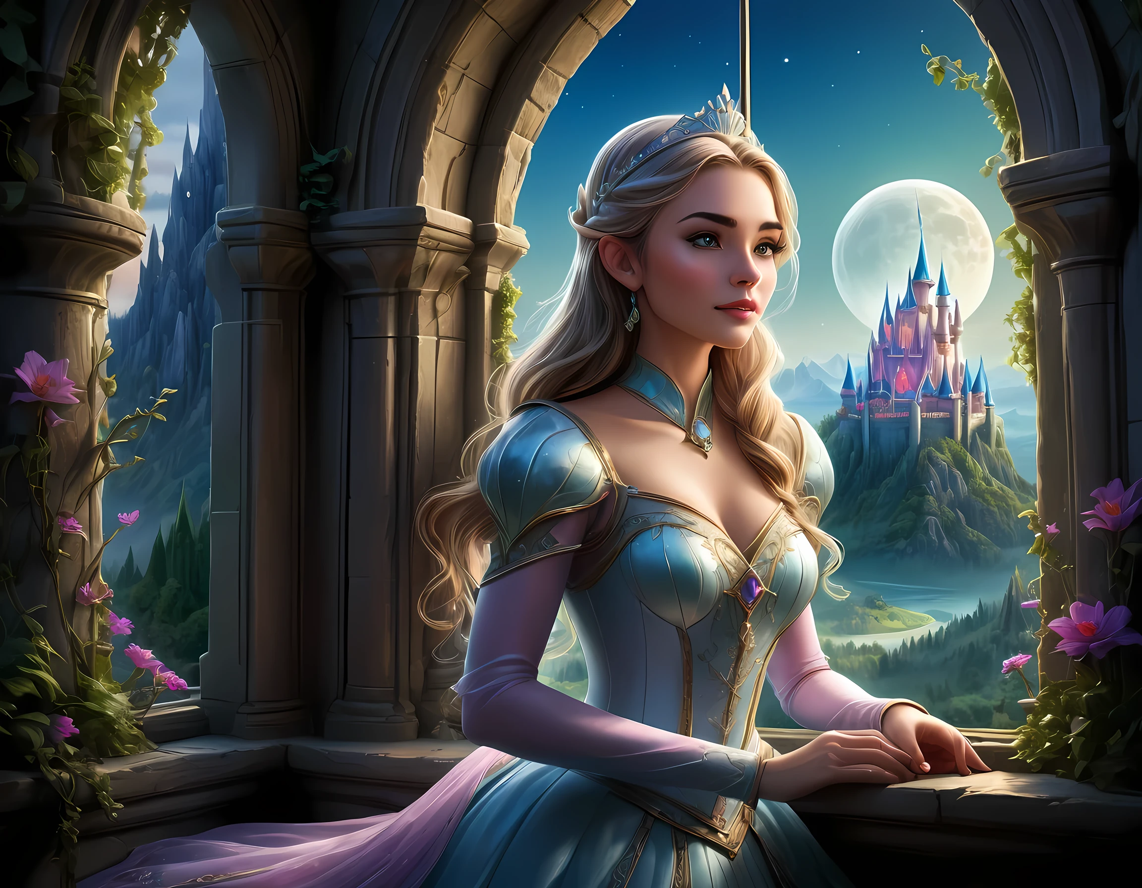 fantasy art, RPG art, a portrait picture of a (beautiful human princess: 1.2) looking through her window at a magical castle, a beautiful elven princess looking through her window to see a magical castle, an impressive best detailed castle, with towers, bridges, a moat, standing on top of a mountain, moon, colouredglazecd_xl, BJ_Full_Moon