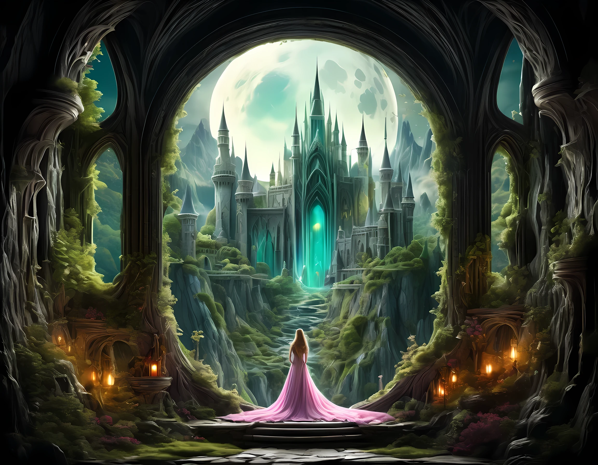 fantasy art, RPG art, a portrait picture of a (beautiful human princess: 1.2) looking through her window at a magical castle, a beautiful elven princess looking through her window to see a magical castle, an impressive best detailed castle, with towers, bridges, a moat, standing on top of a mountain, moon, colouredglazecd_xl, BJ_Full_Moon