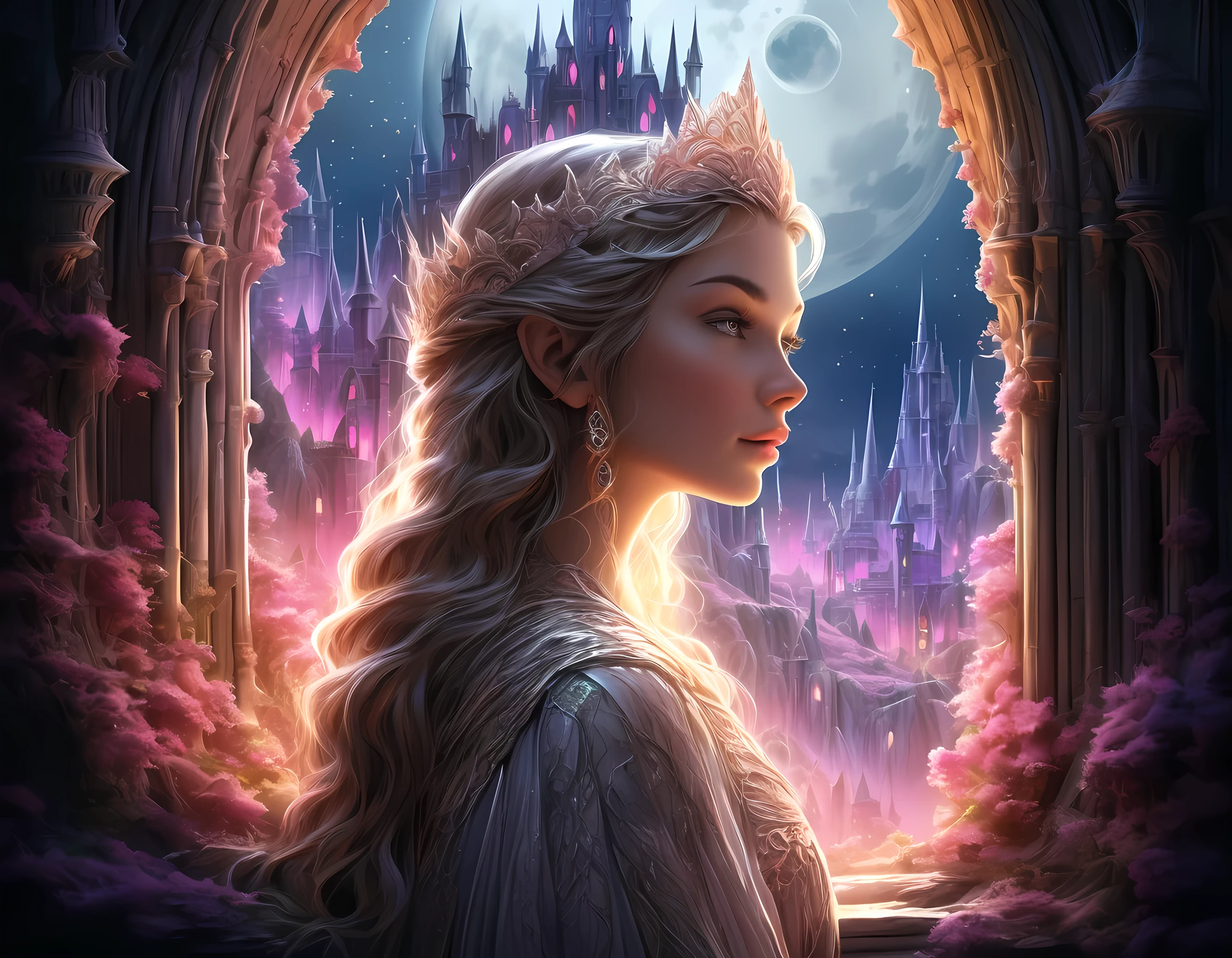 fantasy art, RPG art, a portrait picture of a (beautiful human princess: 1.2) looking through her window at a magical castle, a beautiful elven princess looking through her window to see a magical castle, an impressive best detailed castle, with towers, bridges, a moat, standing on top of a mountain, moon, colouredglazecd_xl, BJ_Full_Moon