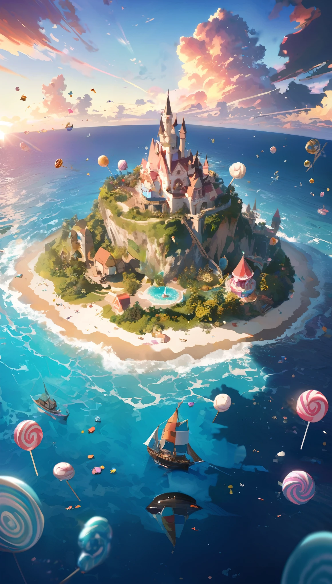 70 mm lens, cinematic shot, centered, perfect angle, {isometric island kingdom full of sweets and cakes (lollipop, whipped cream), middle of the ocean, celebration, fantasy, surreal, epic fantasy, dreamland}, children dream, (Detailed, finest detailed, ultra detailed, intricate), vibrant color, volumetric lighting, dynamic lighting, depth of field, hard shadow, reflection, sharp focus, HD, UHD, 64K, 128K, masterpiece, professional work.