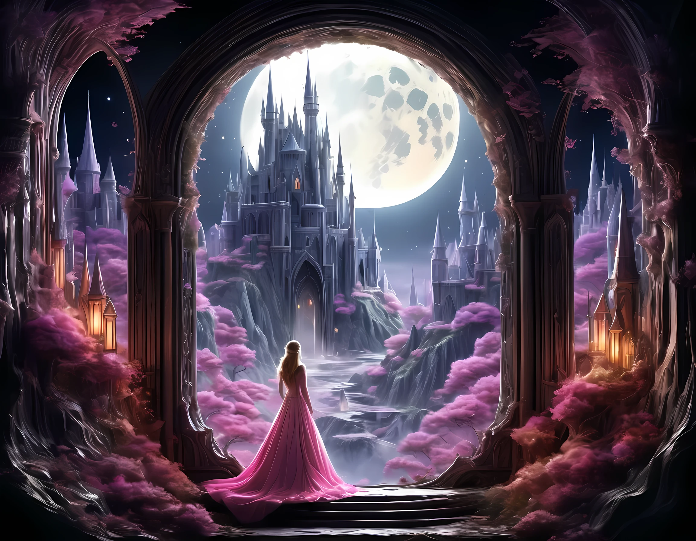 fantasy art, RPG art, a portrait picture of a (beautiful human princess: 1.2) looking through her window at a magical castle, a beautiful elven princess looking through her window to see a magical castle, an impressive best detailed castle, with towers, bridges, a moat, standing on top of a mountain, moon, colouredglazecd_xl, BJ_Full_Moon