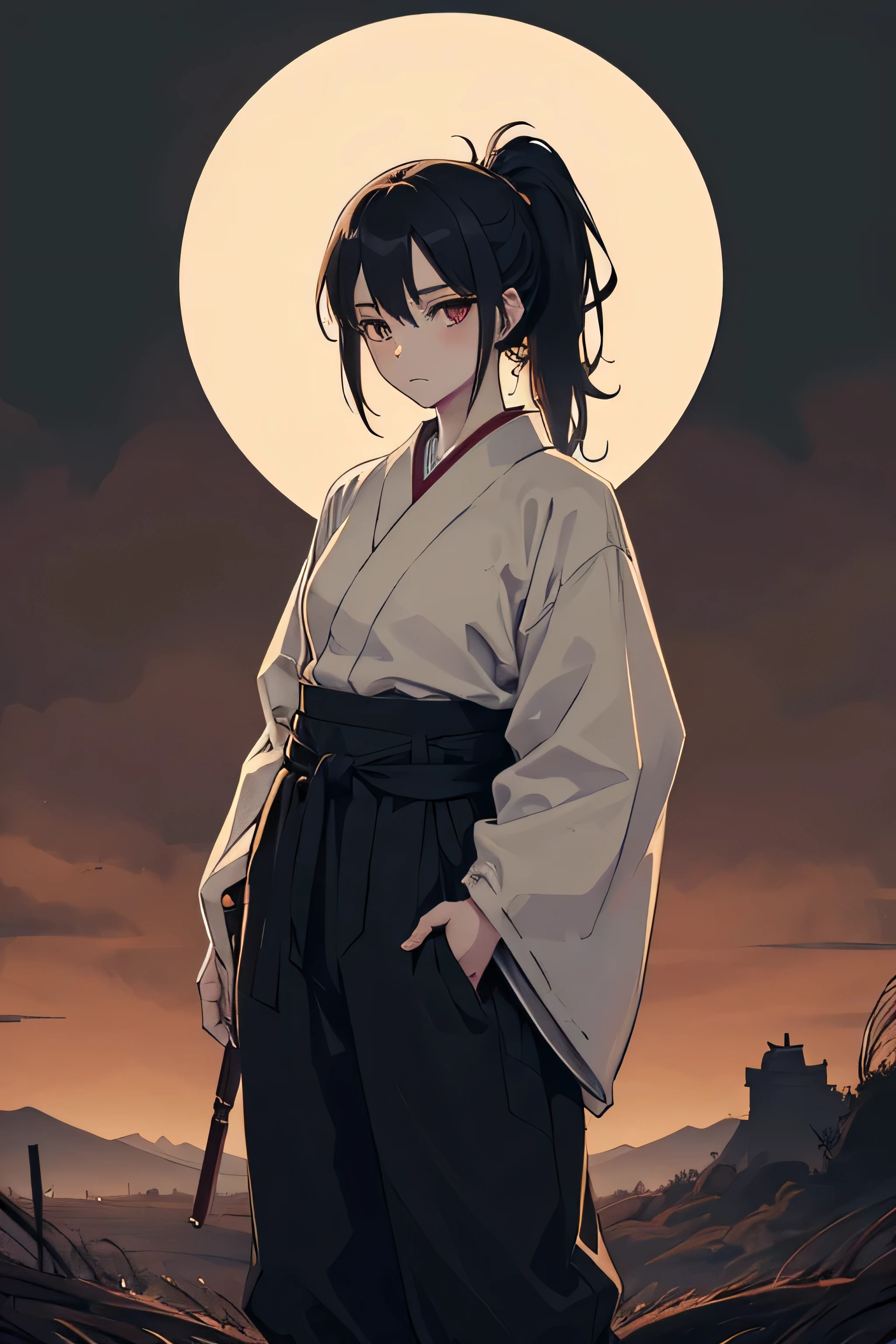 tashio period Japan woman, grunge aesthetic, eerie moorlands behind her, eerie thriller aesthetic, moody aesthetic, confident girl, sarashi, baggy pants, arrogant girl, messy hair, messy ponytail