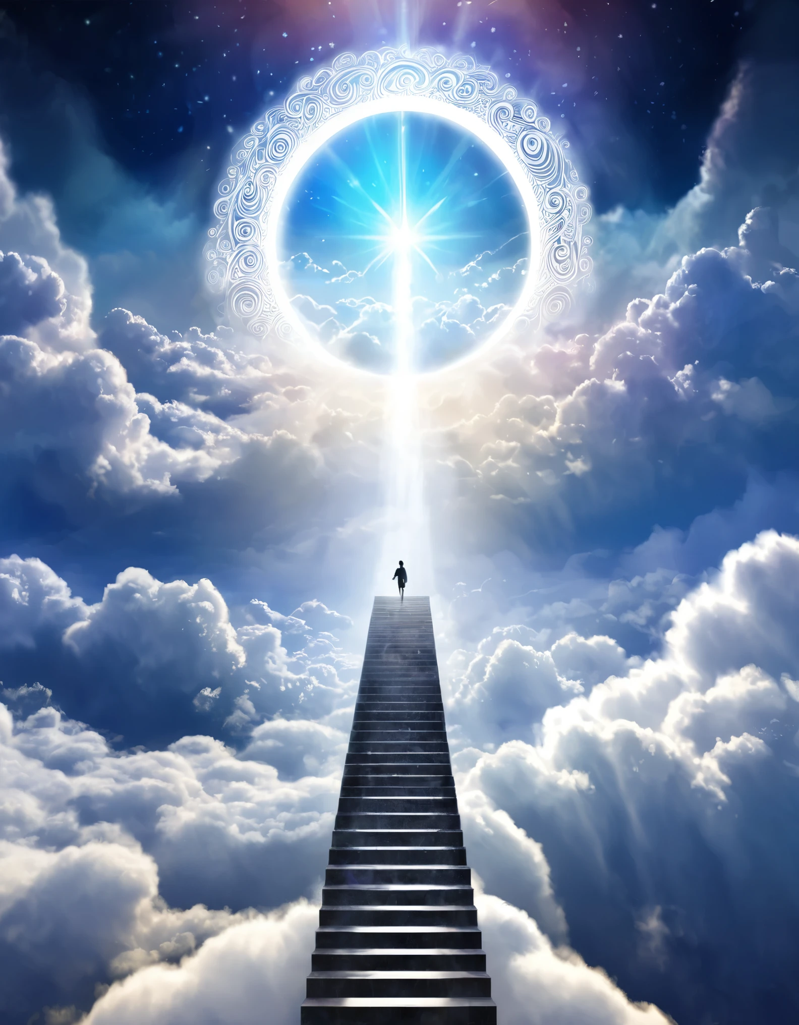 数字插图：一个人沿着云阶梯向上攀登，走向发光的天体门户, 代表升天日前往更高境界的旅程，爬坡道