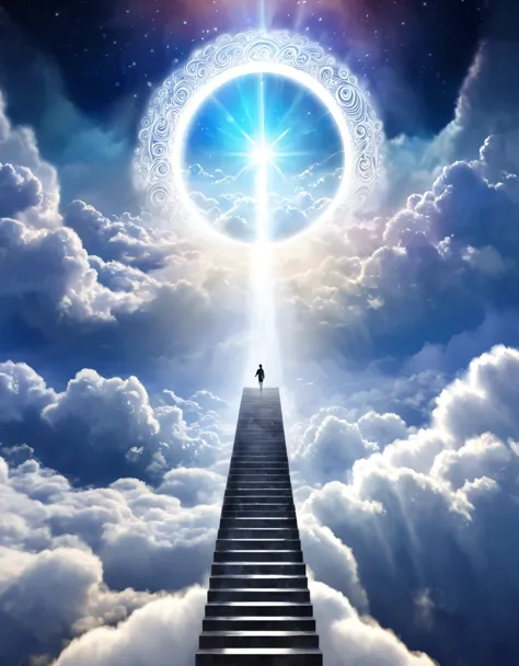 Digital illustration of a figure ascending a staircase of clouds towards a glowing celestial portal, representing the journey to...
