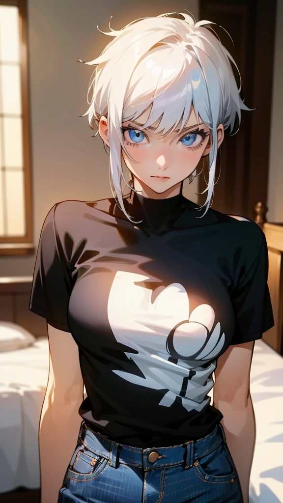 A 37 year old woman, she has blue eyes and white hair, she has medium short hair, she is wearing jeans and a black t-shirt with an anime print, She has a mature face and is also very sexy, she has a serious and seductive look, she has a beautiful and sexy body, the setting of a bedroom in a house,