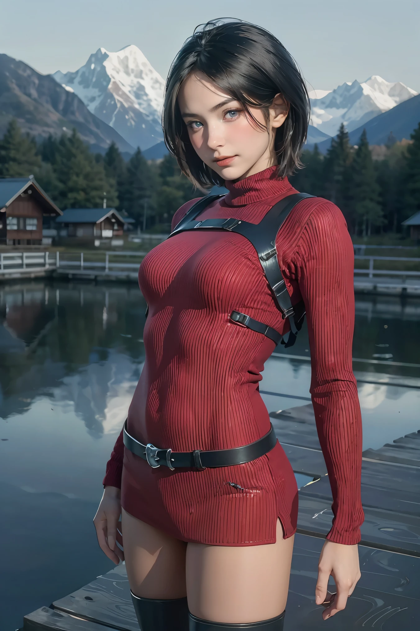 Ada_re4, (standing:1.4),(beautiful face:1.5), 1girl,black hair, short hair, red sweater, belt, black thigh boots,  ((upper body)),(realistic:1.7),((best quality)),absurdres,(ultra high res),(photorealistic:1.6),photorealistic,octane render,(hyperrealistic:1.2), (photorealistic face:1.2), (8k), (4k), (Masterpiece),(realistic skin texture), (illustration, cinematic lighting,wallpaper),( beautiful eyes:1.2),((((perfect face)))),(cute),(standing),((looking at viewer)),(dynamic pose:1.3), outdoors, houses, flowers paths, mountains, lake, dock,