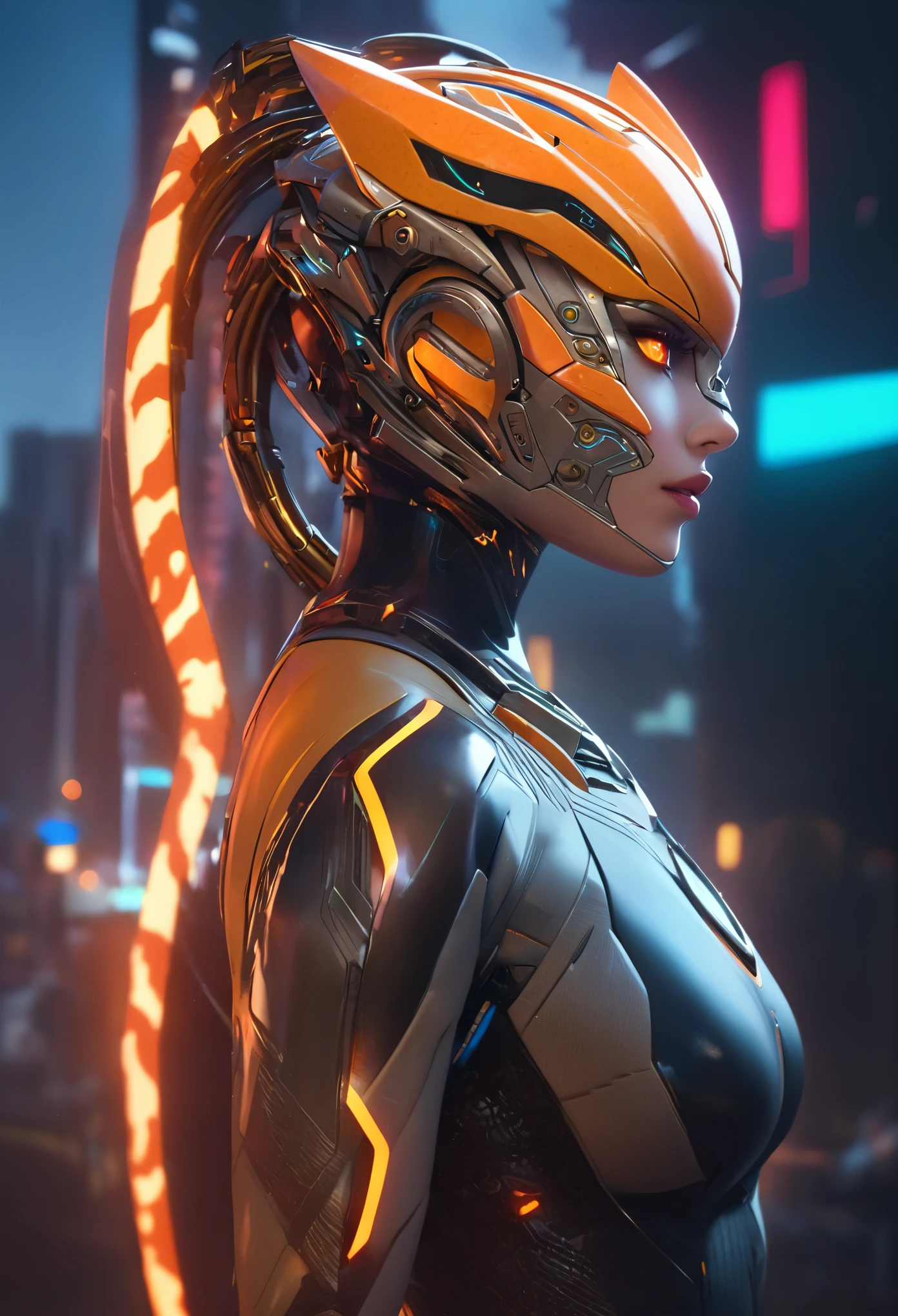 (best quality,4k,8k,highres,masterpiece:1.2),ultra-detailed,(realistic,photorealistic,photo-realistic:1.37),(from behind:1.5),1 android girl, beautiful detailed eyes, beautiful detailed lips, extremely detailed eyes and face, longeyelashes, metallic skin, mechanical body,sleek design,fierce expression,tiger-inspired features,striking orange and black stripes,glowing neon lights,wisps of exhaust smoke,urban sci-fi setting,gritty atmosphere,city skyline in background,high-tech gadgets and accessories,visually stunning,concept artists,impressive digital artwork,vivid colors,dynamic perspective,dramatic lighting,emitting ethereal glow,sharp focus,extraordinary details,highly detailed robotic limbs,sleek and polished surface,industrial style,enhanced strength and agility,androids resembling wild animals,mixture of beauty and power,exuding a sense of mystery,intense and captivating scene,blurring the boundaries between machine and nature, (glowing tiger eyes:1.5)