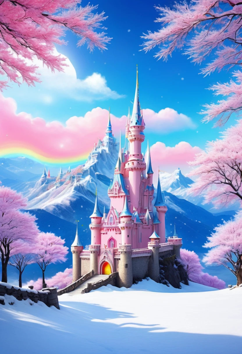 ドリームキャッスル，花火の中の城，翼のある城，空飛ぶ城，天空の城。レインボーキャッスル，ピンクの空間，お姫様的脸出现在空中，冬の風景，シュールなワンダーランド，妖精の島に浮かぶ夢のような雲，(大きな雪の結晶:1.3)，五颜六色的大きな雪の結晶飞舞，お姫様&#39;宮殿は雪に覆われている，生命の木は無限の生命力で花を咲かせる，夜空に輝く星，厚い雲と霧，気まぐれなファンタジー風景画, ファインアート ウルトラ HD 8K, 8K ファインデジタルアート, 美しく緻密なファンタジー, 壮大な夢のようなファンタジー風景, 神秘的な幻想風景, 魔法のファンタジーは細部まで豊かです, 魔法のような風景, 由大きな雪の結晶和奇幻漂浮的仙岛组成, 詳細なファンタジーデジタルアート, 8K ファインデジタルアート