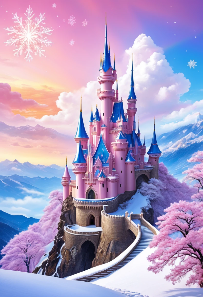 Dream Castle，Castle in fireworks，Castle with wings，Flying castle，Castle in the sky。Rainbow Castle，Pink Space，PRİNCESS的脸出现在空中，winter landscape，Surreal wonderland，Dreamy clouds floating on the fairy island，(Big Snowflake:1.3)，Colorful Big Snowflake flying，PRİNCESS&#39;The palace is covered with snow，The tree of life blooms with infinite vitality，Twinkling stars in the night sky，Heavy clouds and fog，Whimsical fantasy landscape art, Fine Art Ultra HD 8K, 8K Fine Digital Art, Beautiful and detailed fantasy, Epic dreamlike fantasy landscape, Mysterious fantasy scenery, The magical fantasy is rich in details, Magical scenery, It consists of Big Snowflake and a magical floating island., Detailed fantasy digital art, 8K Fine Digital Art