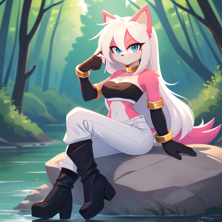 ((1girl)), ((solo)), female, mobian, Hedgehog, pink fur, furry, sitting crossed leg, sitting on a large rock, (Her attire is a black cropped low cut tube top, black arm sleeves with gold bracelets at the ends, black heeled boots, and white baggy pants)), (Majin Android 21 Cosplay), ((long white hair)), ((long hair)), ((Android 21 styled hair)), light blue eyes, hair bangs, looking at viewer, (background forest, river, best lighting), (best quality)