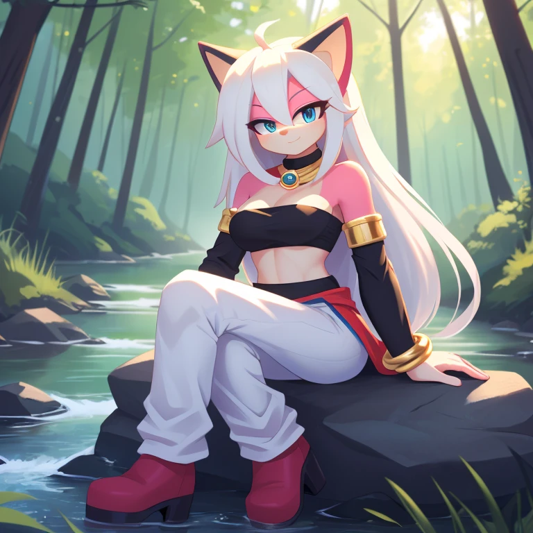((1girl)), ((solo)), female, mobian, Hedgehog, pink fur, furry, sitting crossed leg, sitting on a large rock, (Her attire is a black cropped low cut tube top, black arm sleeves with gold bracelets at the ends, black heeled boots, and white baggy pants)), (Majin Android 21 Cosplay), ((long white hair)), ((long hair)), ((Android 21 styled hair)), light blue eyes, hair bangs, looking at viewer, (background forest, river, best lighting), (best quality)