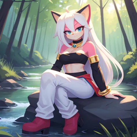 ((1girl)), ((solo)), female, mobian, Hedgehog, pink fur, furry, sitting crossed leg, sitting on a large rock, (Her attire is a b...