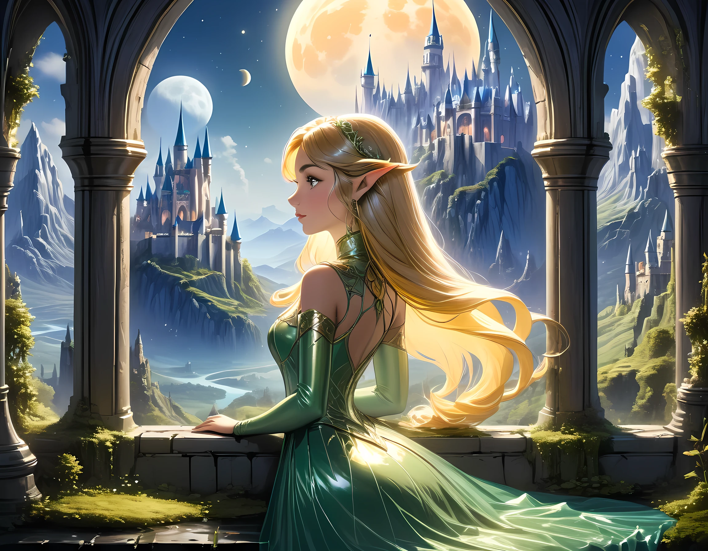 art fantastique, Art du RPG, une photo de portrait d&#39;un (belle princesse humaine: 1.2) regardant par sa fenêtre un château magique, une belle princesse elfique regardant par sa fenêtre pour voir un château magique, Porter une robe en latex, un château impressionnant et détaillé, avec des tours, des ponts, un fossé, debout au sommet d&#39;une montagne, lune, coloréglacécd_xl, bj_complet_lune