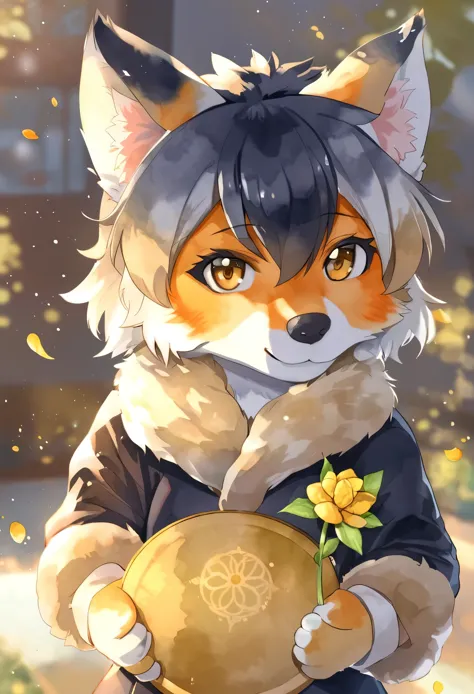 Watercolor elements, 1girl, kemono, furry, detailed body fur, animal face, animal hand, unfocused spread of gold flower, 