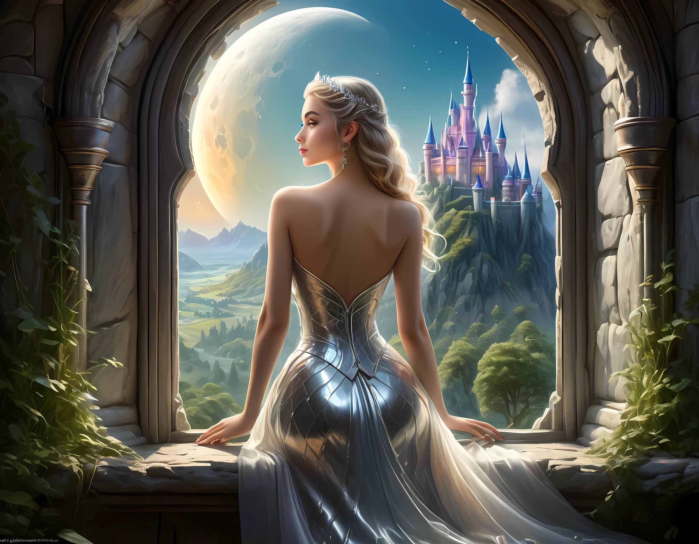art fantastique, Art du RPG, une photo de portrait d&#39;un (belle princesse humaine: 1.2) regardant par sa fenêtre un château magique, une belle princesse elfique regardant par sa fenêtre pour voir un château magique, Porter une robe en latex, un château impressionnant et détaillé, avec des tours, des ponts, un fossé, debout au sommet d&#39;une montagne, lune, coloréglacécd_xl, bj_complet_lune