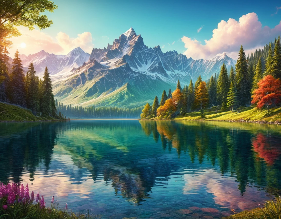 超現実的なコンセプチュアルデジタルアート. 山の湖のある壮大な風景 . 最も明るい色 . 美しい美しさ. 湖に映る魔法の城の姿が見える. 外からは山と森しか見えない. ここはユートピアだ. 超詳細化. 傑作.