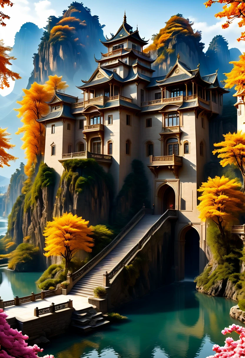 (best quality,4k,8k,highres,masterpiece:1.2),ultra-detailed,(realistic,photorealistic,photo-realistic:1.37),impressive dream-like castle,ethereal atmosphere,enchanting scenery,majestic stone walls,tall turrets,vibrant gardens,blooming flowers,golden sunlight streaming through,soft clouds floating in the sky,sparkling river winding around,peaceful reflection,a sense of mystery,fairy tale ambiance,impressive architectural details,grand entrance gate,strong fortress,immaculately carved sculptures,detailed stone masonry,shimmering moat surrounding,high tower with panoramic view,magnificent stained glass windows,elaborate balconies with intricate ironwork,royal flags fluttering in the breeze,splendid courtyard with a central fountain,glistening water cascading gently,elegant marble pathways,whispering willow trees,serene music filling the air,tranquil ambiance,impressive royal chambers with luxurious decor,magnificent chandeliers illuminating the rooms,rich tapestries adorning the walls,regal throne room with a golden throne and velvet drapes,royal banquet hall with a long, majestic table and ornate chairs,exquisite paintings and sculptures decorating the castle halls,feast of colors,detailed textures,impressive architecture,romantic and dreamy atmosphere,majestic and enchanting,perfect harmony of light and shadow,lively and vibrant colors,evoking a sense of awe and wonder.