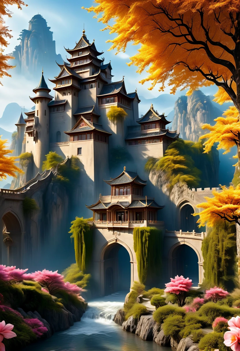 (best quality,4k,8k,highres,masterpiece:1.2),ultra-detailed,(realistic,photorealistic,photo-realistic:1.37),impressive dream-like castle,ethereal atmosphere,enchanting scenery,majestic stone walls,tall turrets,vibrant gardens,blooming flowers,golden sunlight streaming through,soft clouds floating in the sky,sparkling river winding around,peaceful reflection,a sense of mystery,fairy tale ambiance,impressive architectural details,grand entrance gate,strong fortress,immaculately carved sculptures,detailed stone masonry,shimmering moat surrounding,high tower with panoramic view,magnificent stained glass windows,elaborate balconies with intricate ironwork,royal flags fluttering in the breeze,splendid courtyard with a central fountain,glistening water cascading gently,elegant marble pathways,whispering willow trees,serene music filling the air,tranquil ambiance,impressive royal chambers with luxurious decor,magnificent chandeliers illuminating the rooms,rich tapestries adorning the walls,regal throne room with a golden throne and velvet drapes,royal banquet hall with a long, majestic table and ornate chairs,exquisite paintings and sculptures decorating the castle halls,feast of colors,detailed textures,impressive architecture,romantic and dreamy atmosphere,majestic and enchanting,perfect harmony of light and shadow,lively and vibrant colors,evoking a sense of awe and wonder.