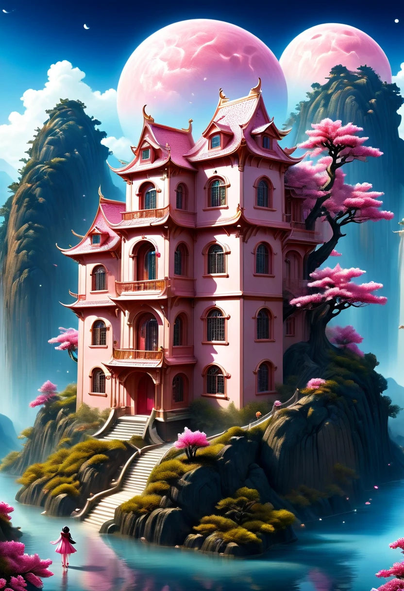 surreal, Stereogram, Air pressure, Super Detail, Acura, best quality, Ultra HD, masterpiece, Anatomically correct, 16K, high resolution，Pink Space，1. ，Located in the magical castle，Magic Forest Castle，A castle built with blocks，A complex fantasy town, Search for lost treasure，Geometric space，Unordered regular three-dimensional pattern，There are lots of little doll houses and buildings，Space for the rainbow，fantasy color fantasy treasure hunt fantasy，Mysterious treasure，Sparkling treasure，Great numbers（Control theory）， Art Station， detailed， complex， Mathil， digital art， HD， 8K， Whimsical fantasy landscape art, Extremely detailed fantasies,Big breasts are beautiful， high quality，electronic 8K