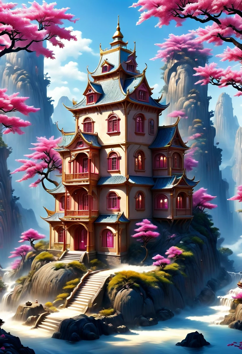 surreal, Stereogram, Air pressure, Super Detail, Acura, best quality, Ultra HD, masterpiece, Anatomically correct, 16K, high resolution，Pink Space，1. ，Located in the magical castle，Magic Forest Castle，A castle built with blocks，A complex fantasy town, Search for lost treasure，Geometric space，Unordered regular three-dimensional pattern，There are lots of little doll houses and buildings，Space for the rainbow，fantasy color fantasy treasure hunt fantasy，Mysterious treasure，Sparkling treasure，Great numbers（Control theory）， Art Station， detailed， complex， Mathil， digital art， HD， 8K， Whimsical fantasy landscape art, Extremely detailed fantasies,Big breasts are beautiful， high quality，electronic 8K
