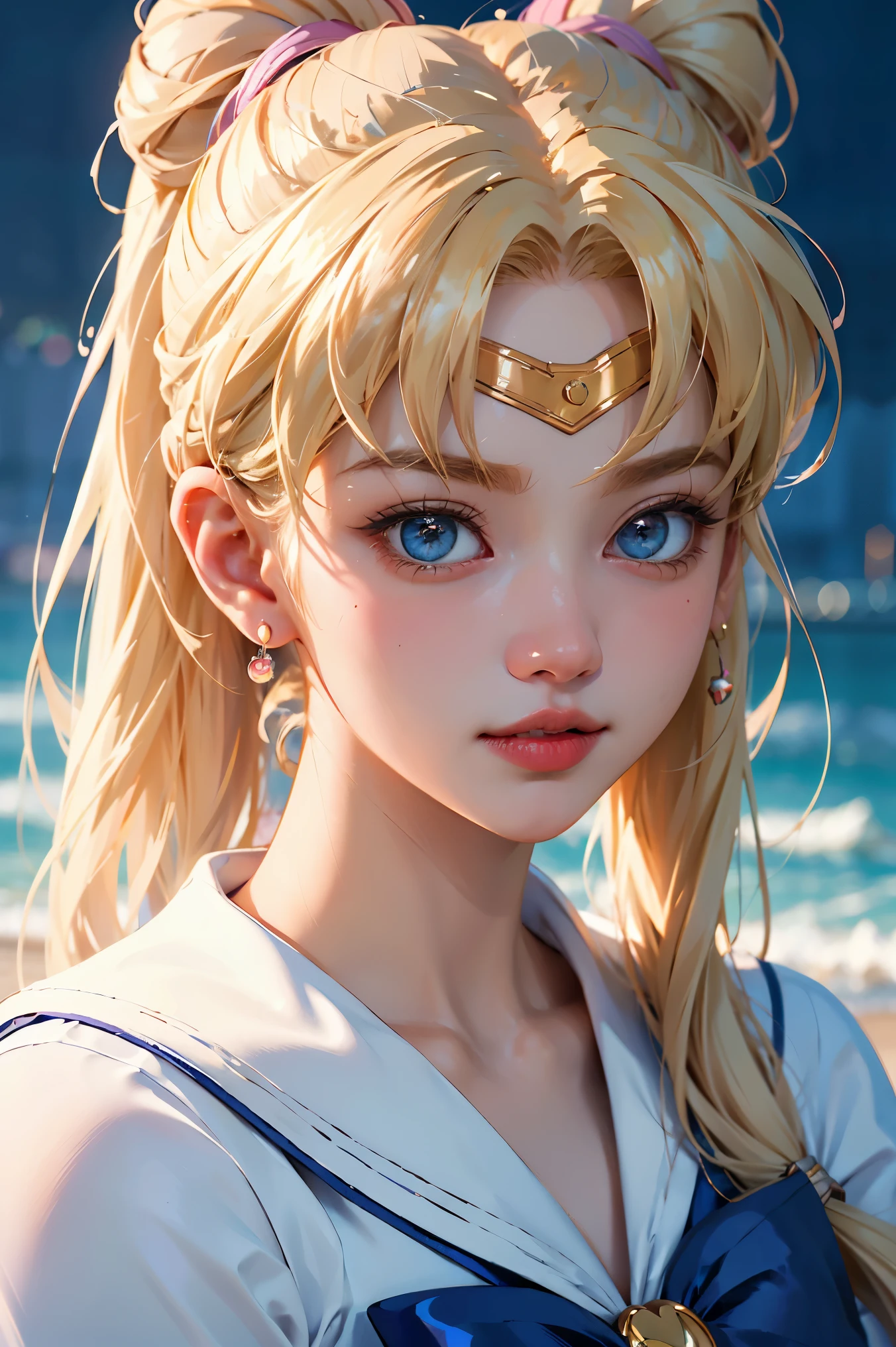 ((Masterpiece)), (Best Quality), (Ultra Detailed), ((Very Detailed)), 4K, (8K), Sailor Moon, Long Blonde Hair, Double Ponytail, Sailor Moon Aesthetics, Dream Core,