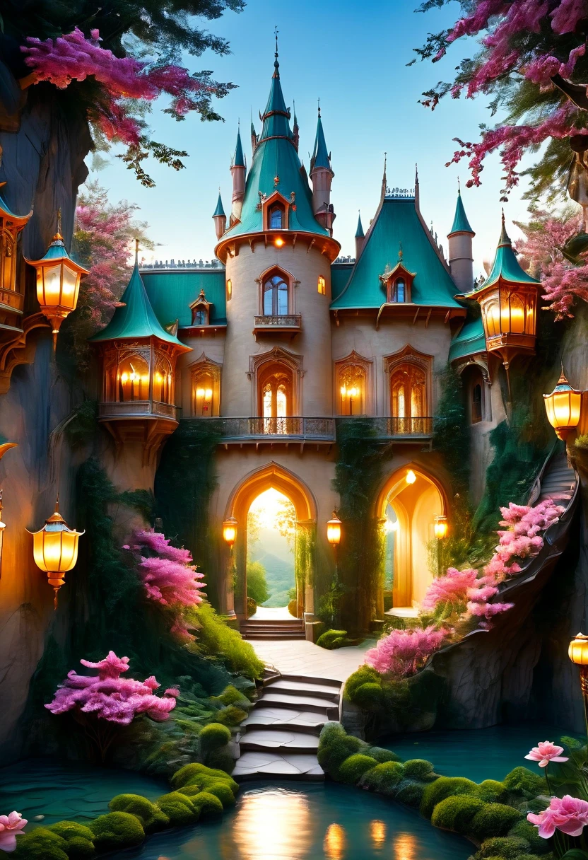 (a dreamy, enchanting castle),(magical, surreal),(vibrant colors),(soft, romantic lighting),(detailed architecture),(fluffy, floating clouds),(majestic, towering turrets),(ornate, intricately carved doors and windows),(lush, green gardens),(mysterious, winding pathways),(sparkling, reflective moat),(dreamlike atmosphere),(fairy-tale setting),(delicate, blooming flowers),(twinkling stars in the night sky),(whimsical, floating lanterns),(glowing, stained glass windows),(shimmering, iridescent surfaces),(impressive, grand staircase),(peaceful, serene ambience).
